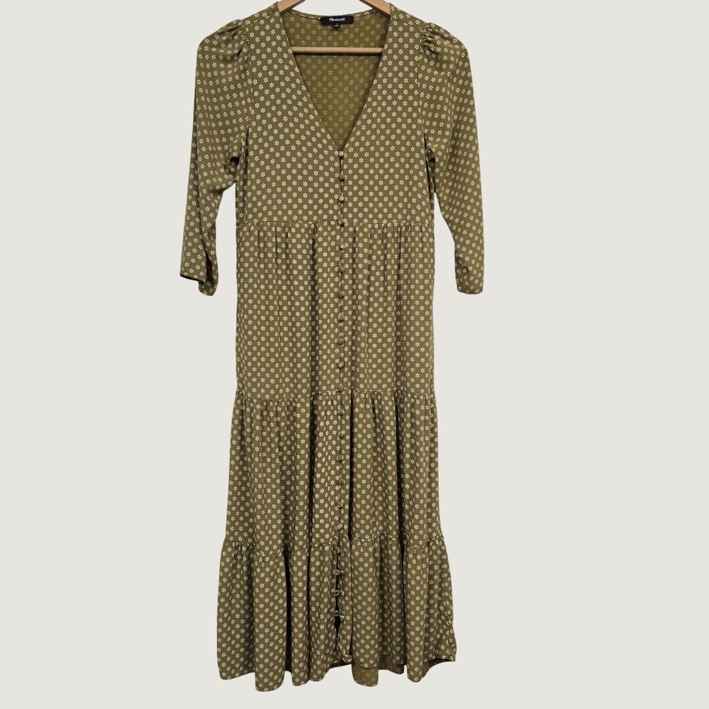 Madewell Floral Tiered Midi Dress Womens 0 Olive Green Button Front Cottagecore